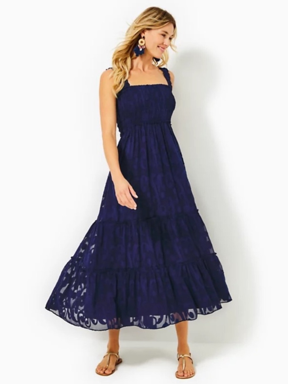 Lilly Pulitzer Hadly Smocked Maxi Dress Navy Blue Size Large